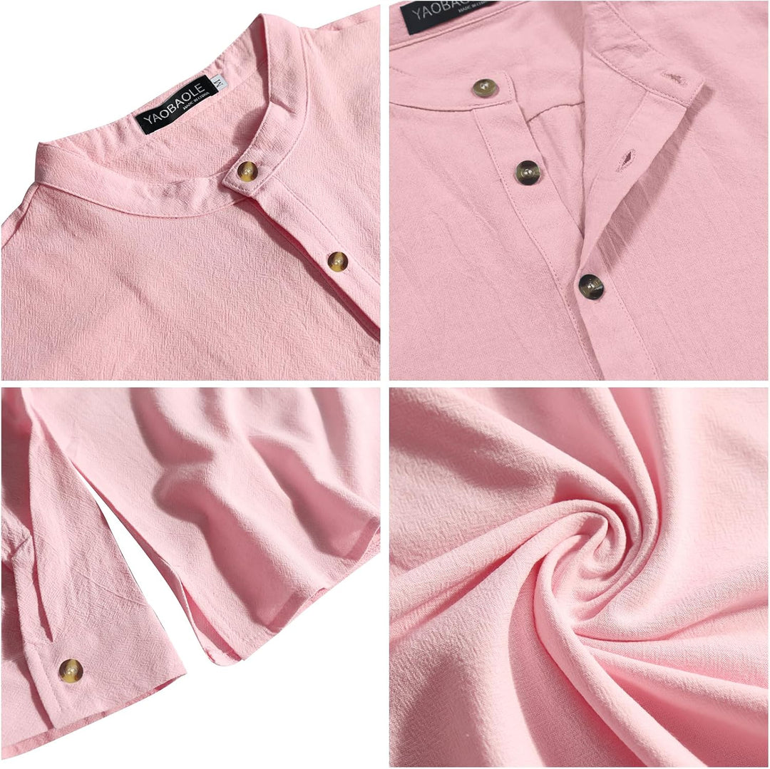 YAOBAOLE Herrenhemd, Leinen, Langarm, Sommer, Mao, lässig, Henley, Strandhemd, klassisch M Farbe: Ro