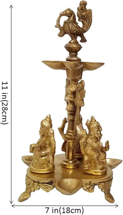 Purpledip Kuthu Vilakku 12033B Öllampe aus Messing, antikes Design Royal Deepam Diya mit 3 Lakshmi,