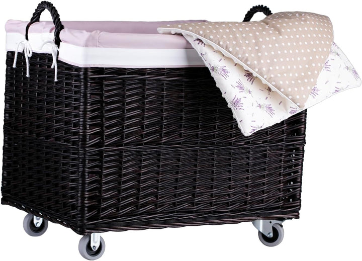 e-wicker24 Aufbewahrungstruhe, Wäschekorb, rechteckig, Weidenkorb mit Rollen und Stofffutter, Aufbew