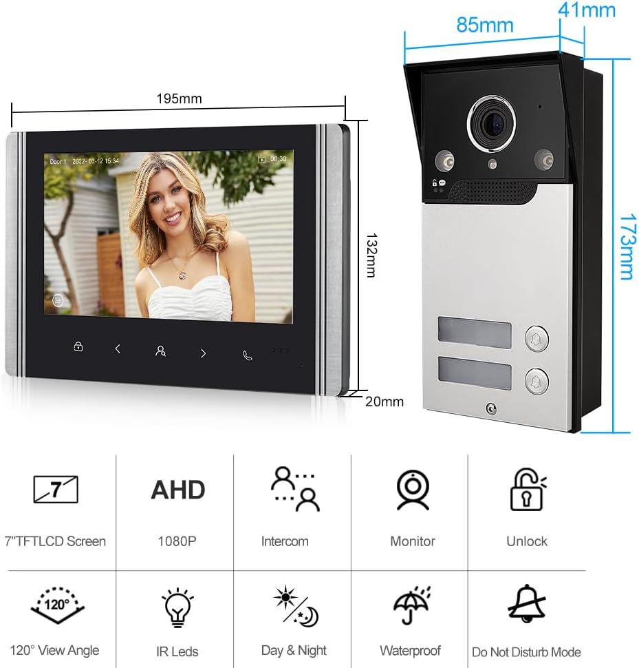 FTes RFKits WLAN Wireless Video Türsprechanlage,1080P Aussenkamera,7 Zoll Touchscreen Wireless Monit