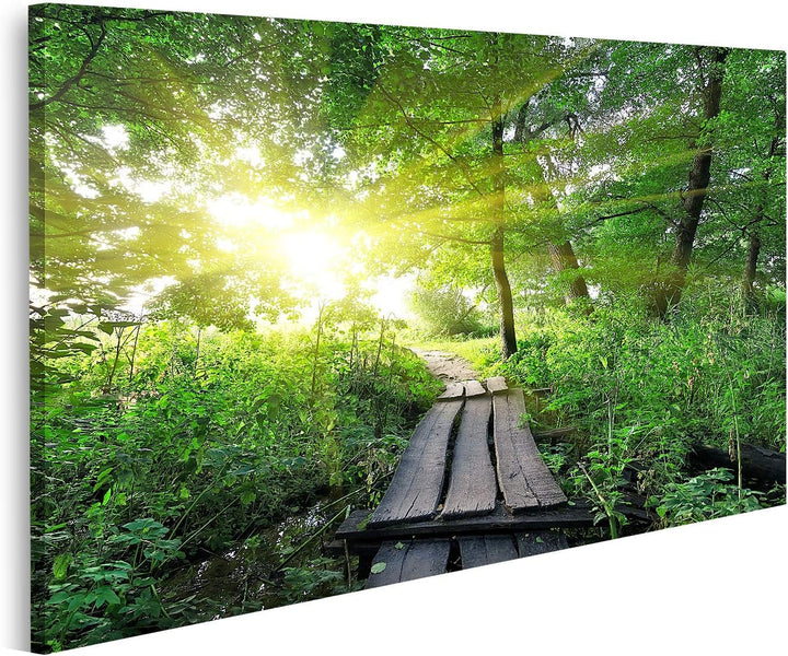 islandburner Bild auf Leinwand Hölzerne Brücke Wald Sonnenaufgang Bilder Wandbilder Poster, 80L x 40