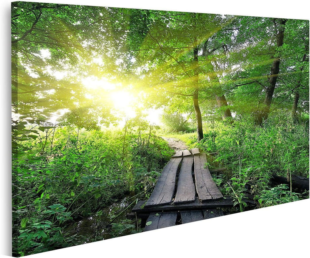 islandburner Bild auf Leinwand Hölzerne Brücke Wald Sonnenaufgang Bilder Wandbilder Poster, 80L x 40