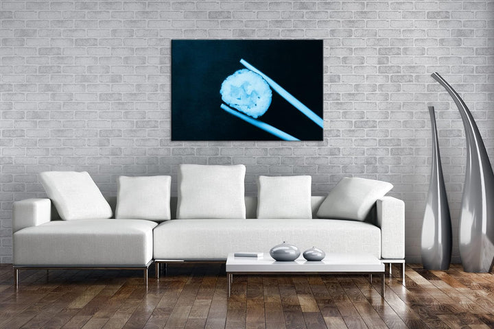 deyoli Sushi auf Essstäbchen Format 80x60 Effekt: Monocrome Blau als Leinwandbild, Motiv fertig gera
