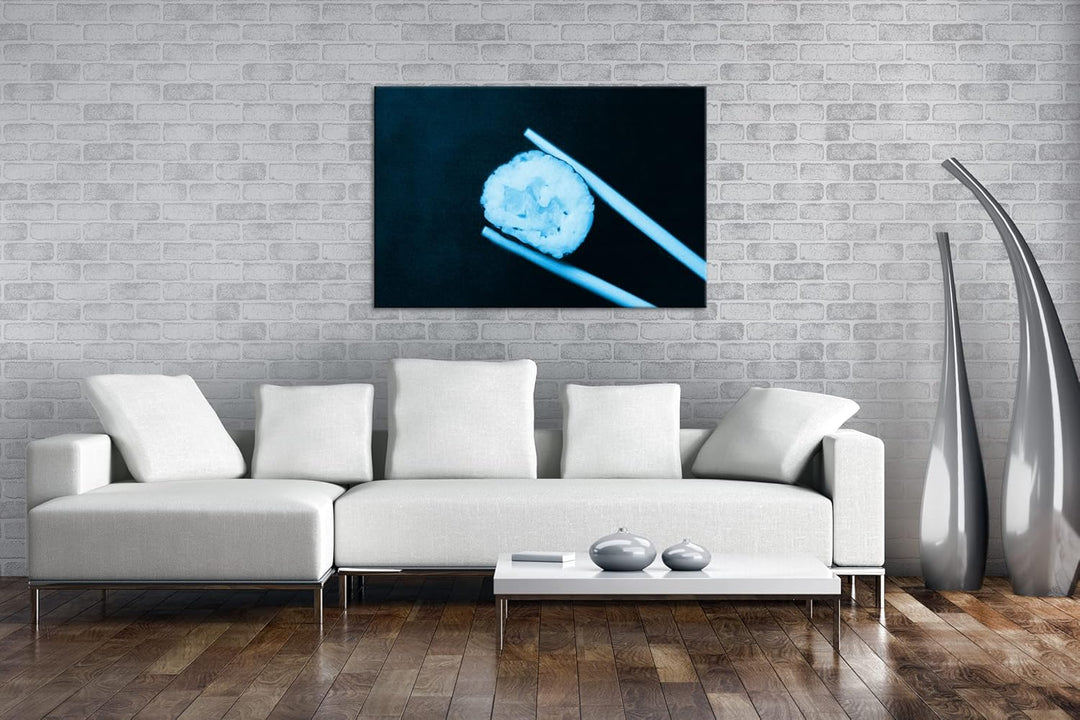 deyoli Sushi auf Essstäbchen Format 60x40 Effekt: Monocrome Blau als Leinwandbild, Motiv fertig gera