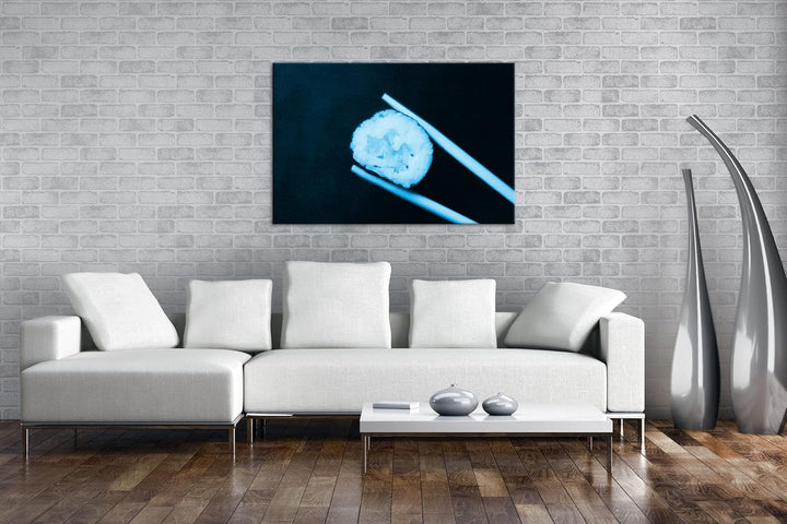 deyoli Sushi auf Essstäbchen Format 60x40 Effekt: Monocrome Blau als Leinwandbild, Motiv fertig gera