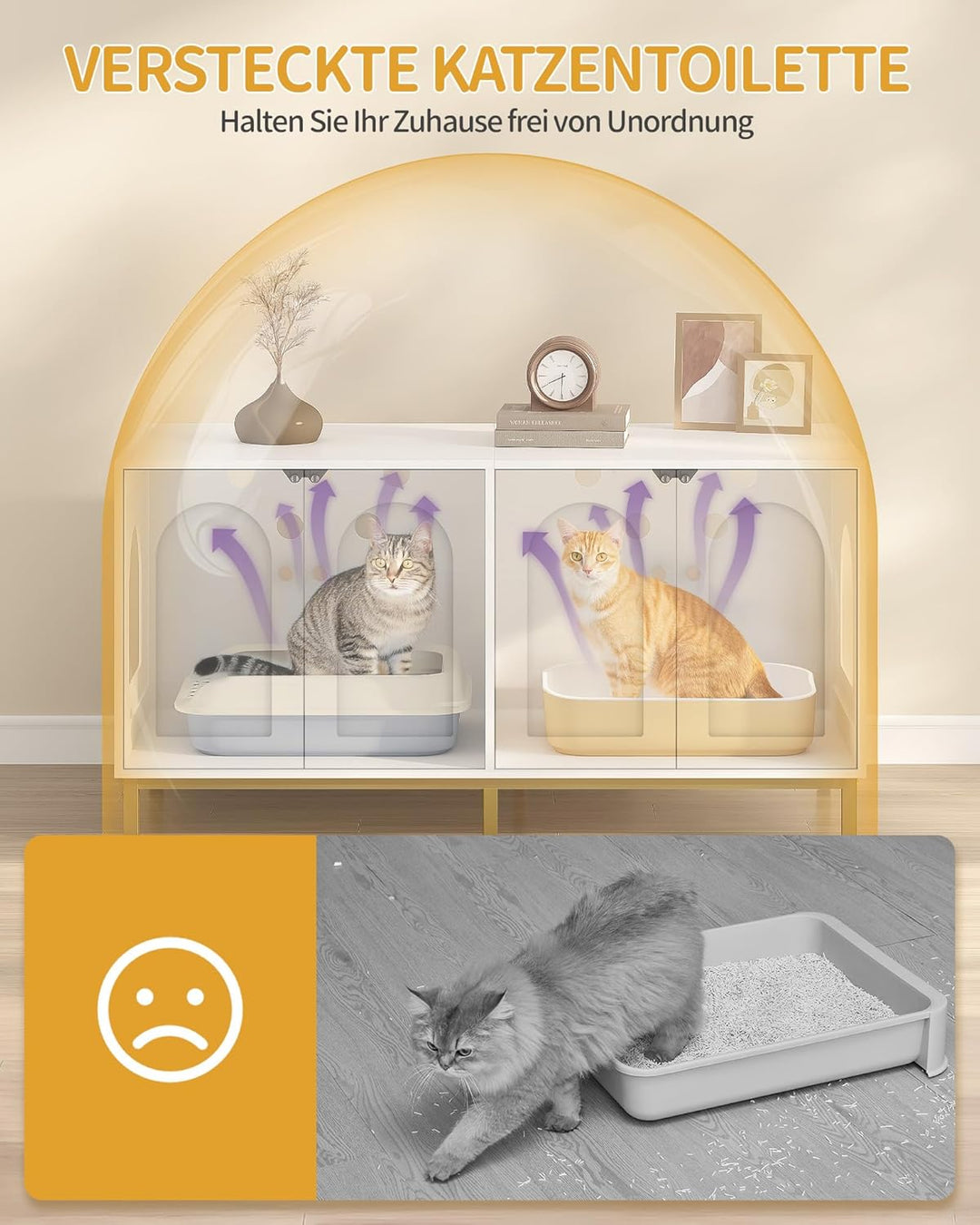 Hzuaneri Katzenschrank für 2 Katzen, 119cm Versteckte Katzentoilettenmöbel, Hölzernes Haustierhaus,