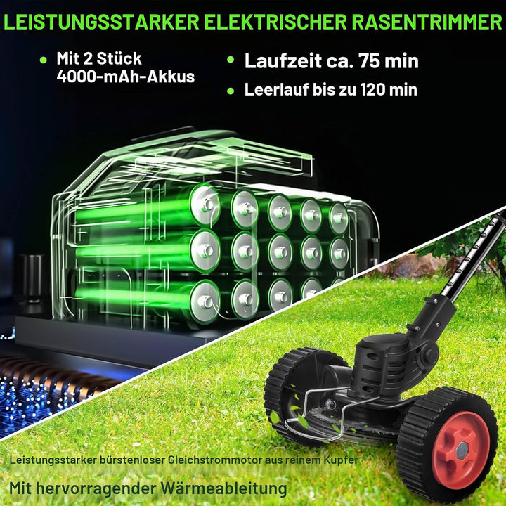 Rasentrimmer mit Akku 21V, Elektrischer Rasentrimmer mit 3 Messertypen, Freischneider akku, 2x2000mA
