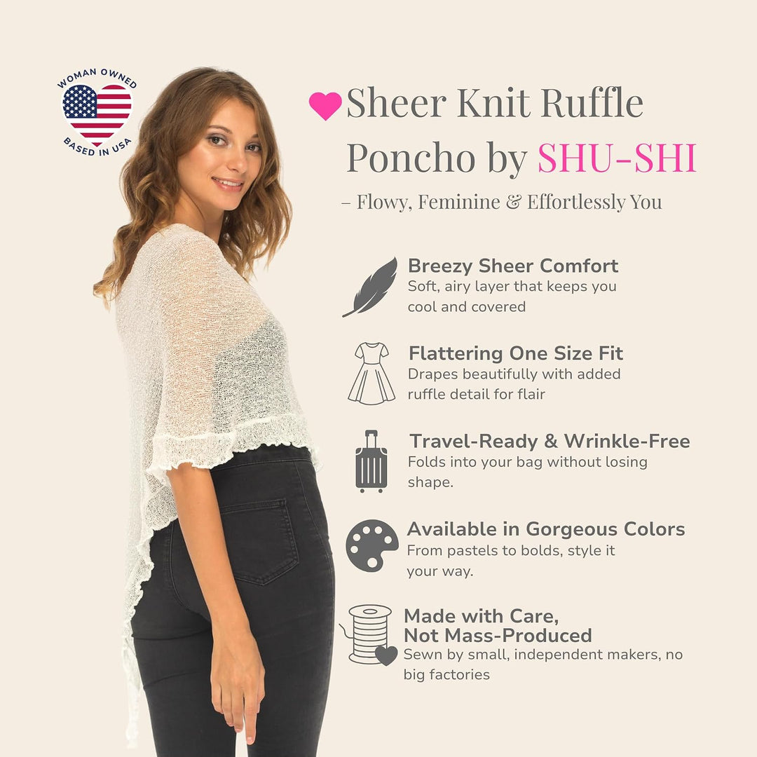 SHU-SHI - Damen Poncho-Top mit Rüschen - transparent - leichtes Strickmaterial Altweiss, Altweiss