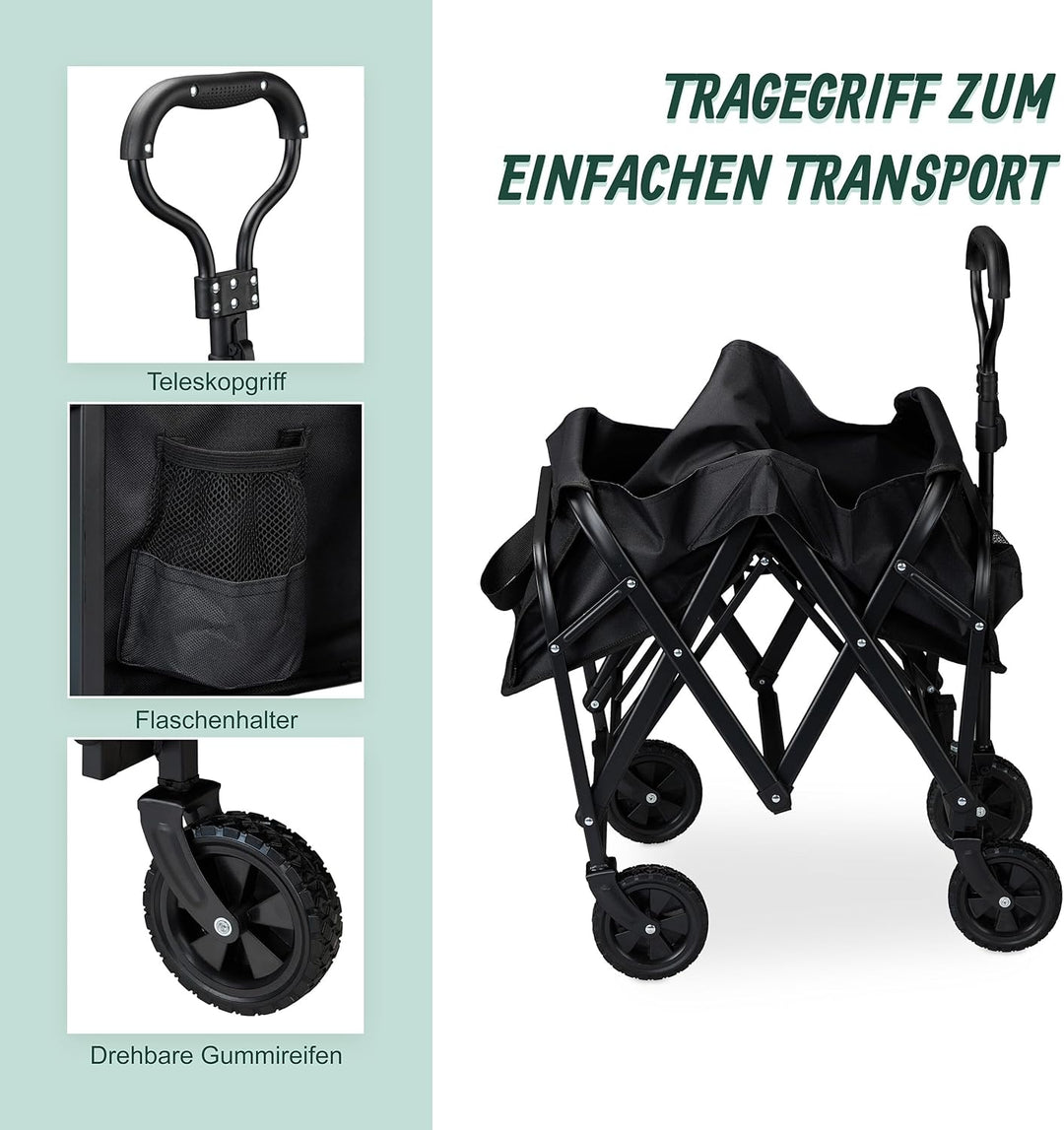 Relaxdays Bollerwagen, faltbar, 100 kg, Teleskopgriff, Gummireifen, Transportwagen Einkauf, Camping,