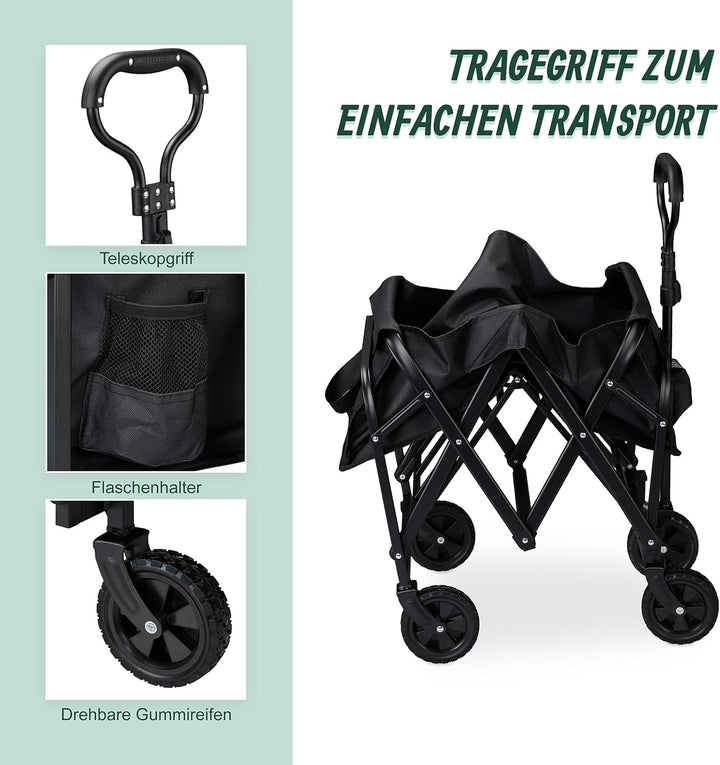 Relaxdays Bollerwagen, faltbar, 100 kg, Teleskopgriff, Gummireifen, Transportwagen Einkauf, Camping,
