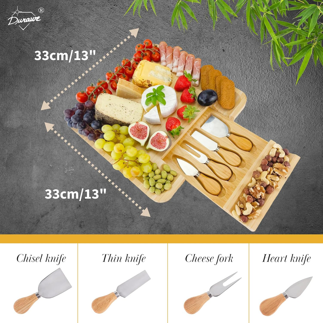 Bambus Käsebrett mit 4 Messern – Servierplatte aus Holz, Charcuterie Board für Aperitif, Geburtstag,