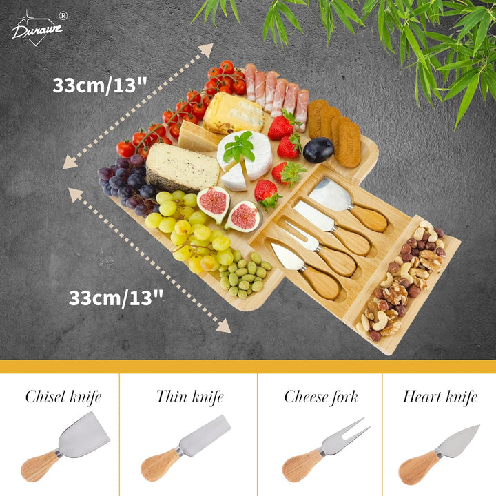 Bambus Käsebrett mit 4 Messern – Servierplatte aus Holz, Charcuterie Board für Aperitif, Geburtstag,