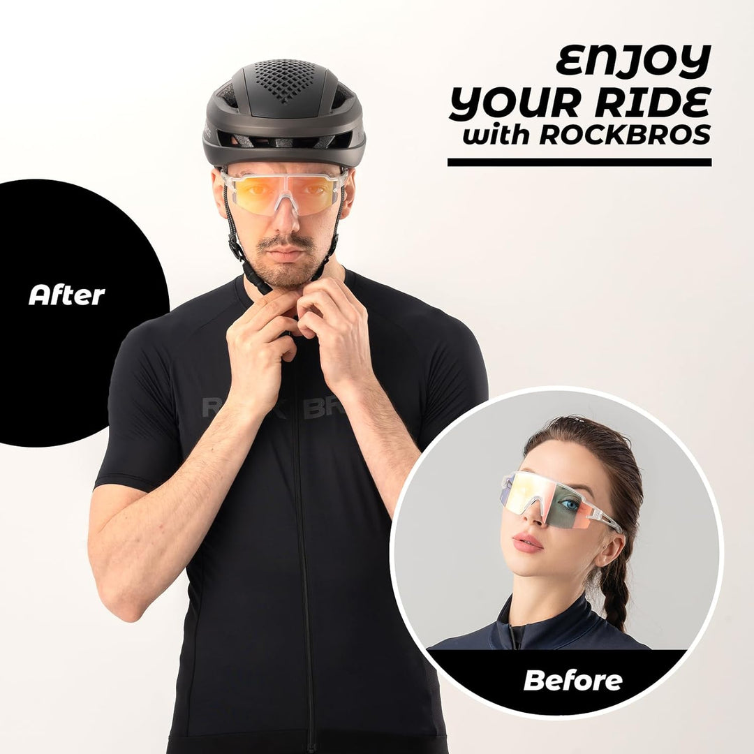 ROCKBROS Fahrradbrille UV 400 Sonnenbrille Photochromatisch Brille Klar Winddicht Sportsbrille für O