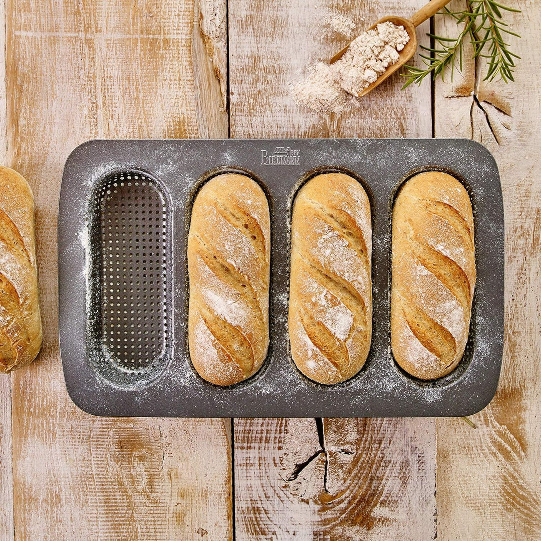 Birkmann, Laib & Seele, Mini-Baguetteblech, perforierte Baguetteform aus Karbonstahl für 4 Mini-Bagu