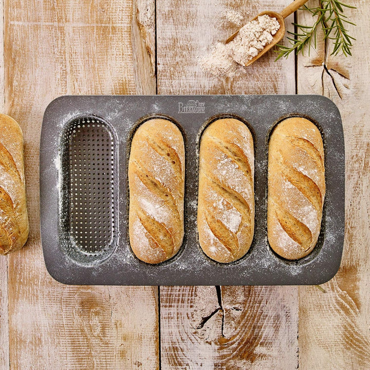 Birkmann, Laib & Seele, Mini-Baguetteblech, perforierte Baguetteform aus Karbonstahl für 4 Mini-Bagu