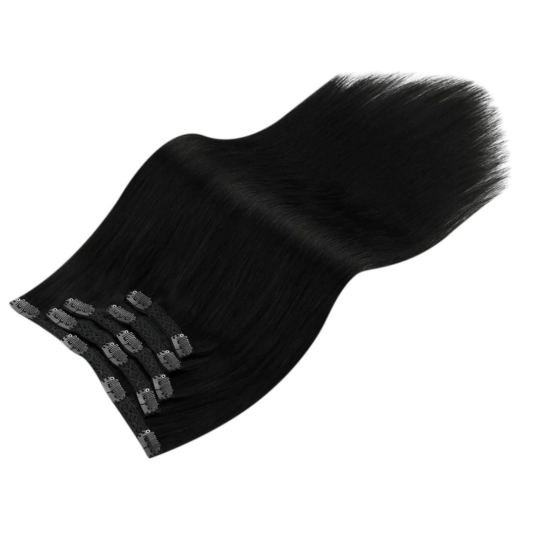 Moresoo Extensions Clip in Echthaar Schwarz Doppelt Tressen Extensions Echthaar Clip in Pechschwarz