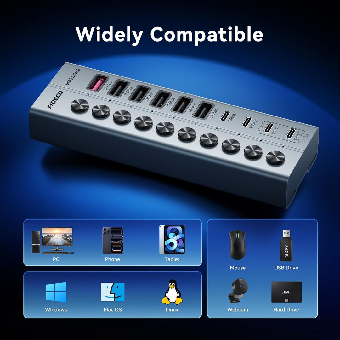 FIDECO 10 Ports USB Hub mit Netzteil, USB Hub Aktiv mit 1 BC1.2, 2 PD 45W Charging Port und 7 USB 3.