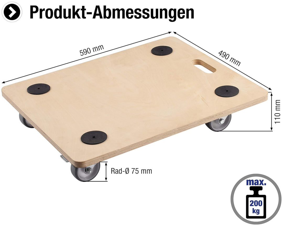 Metafranc Transportroller 590 x 490 mm - 200 kg Tragkraft - Sperrholz - PU-Räder / Möbelroller mit B