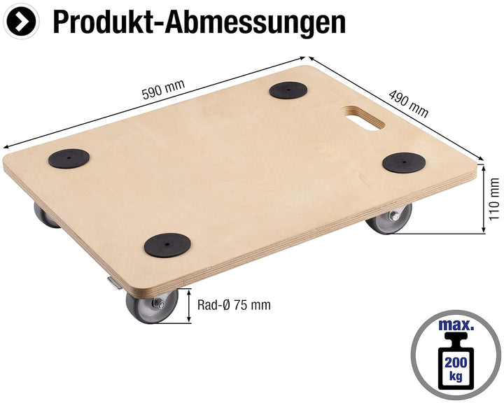 Metafranc Transportroller 590 x 490 mm - 200 kg Tragkraft - Sperrholz - PU-Räder / Möbelroller mit B