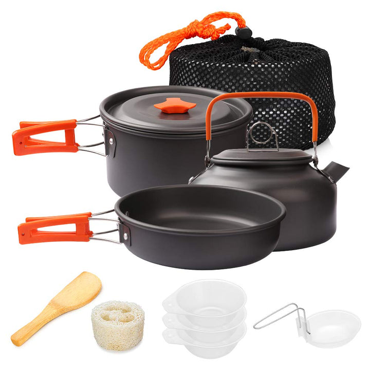 Gutsdoor Camping Kochset Geschirr-Set für 1-2 Personen, Kochset mit Tragbarem Aluminiumtopf Teekesse