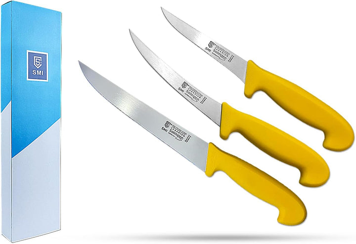 SMI - 3 Stück set Metzgermesser Solingen Fleischmesser Ausbeinmesser Gerade und Gebogen Edelstahl