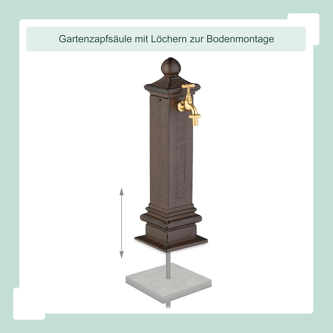 Relaxdays Standbrunnen antik, mit Wasserhahn, HBT: 47x14x18,5 cm, Wasserzapfsäule Garten, Terrasse,