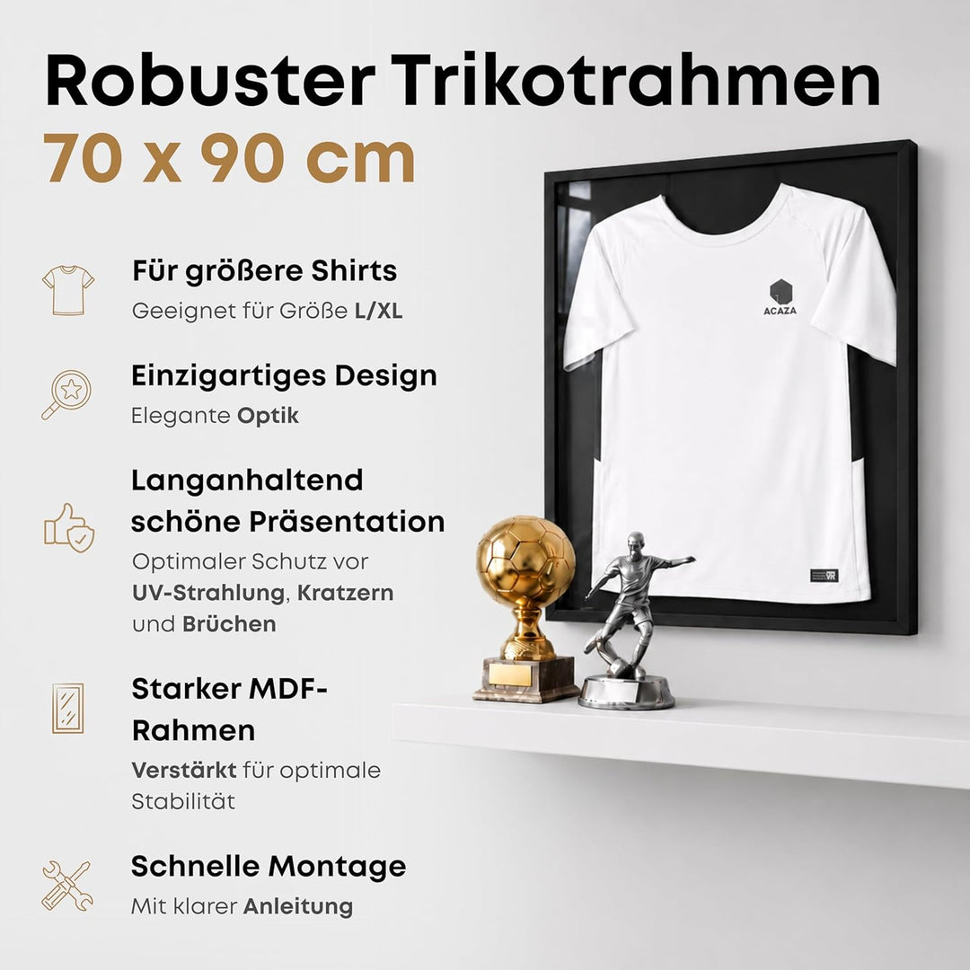 ACAZA Trikotrahmen 70 x 90cm XL Gross, 3D Bilderrahmen tief zum befüllen mit Fussball-, Eishockey-,