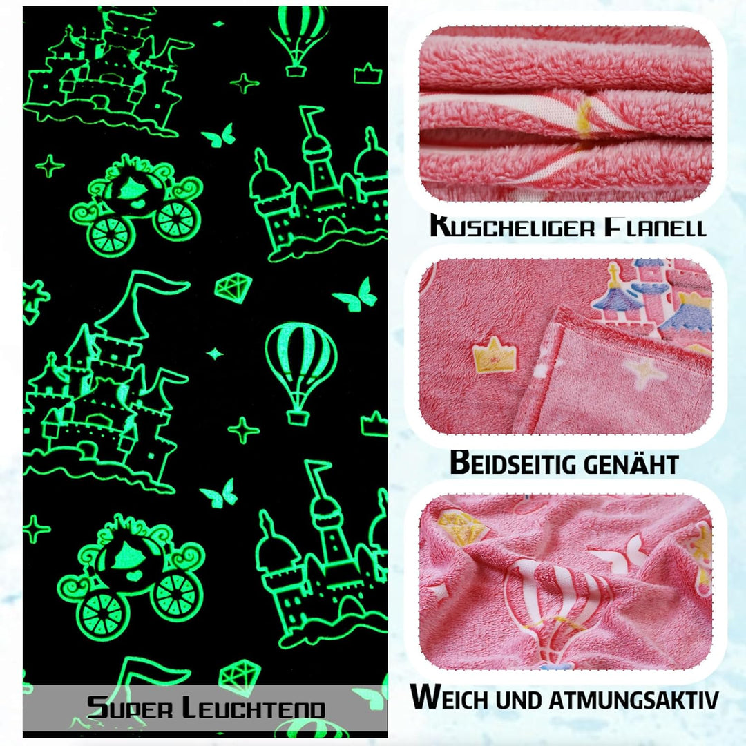 Kuscheldecke Kinder 150x200cm, Ballonschloss Glow in The Dark Decke,Weich Wärme，Kuscheldecke Rosa fü