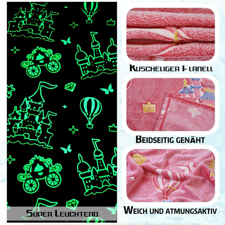 Kuscheldecke Kinder 150x200cm, Ballonschloss Glow in The Dark Decke,Weich Wärme，Kuscheldecke Rosa fü
