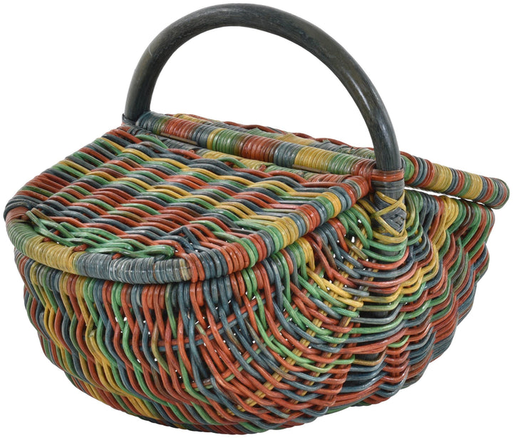 Einkaufskorb Bügelkorb mit Deckel Shopper aus echtem Rattan Henkel- Trage-Korb (6 - Deckel Bunt (Rot