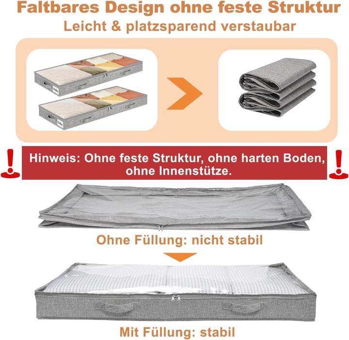 4 Stück Unterbett Aufbewahrungsbox,10cm hoch Unterbettkommode mit klarem Deckel, Faltbare Kleiderauf
