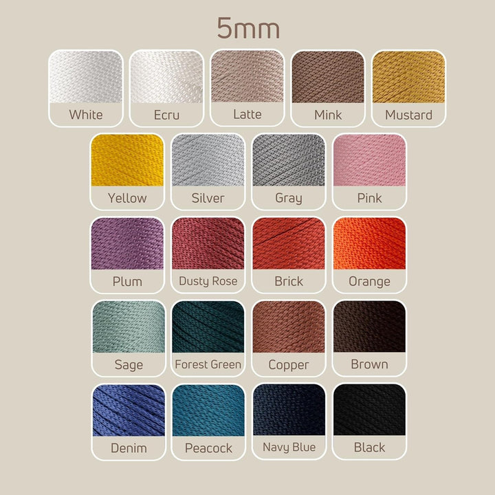 Sensy Premium 5 mm Polyester-Seil, 100 % Polypropylen-Kordel, Makramee-Schnur, 5 mm, Häkelnadel, Mak