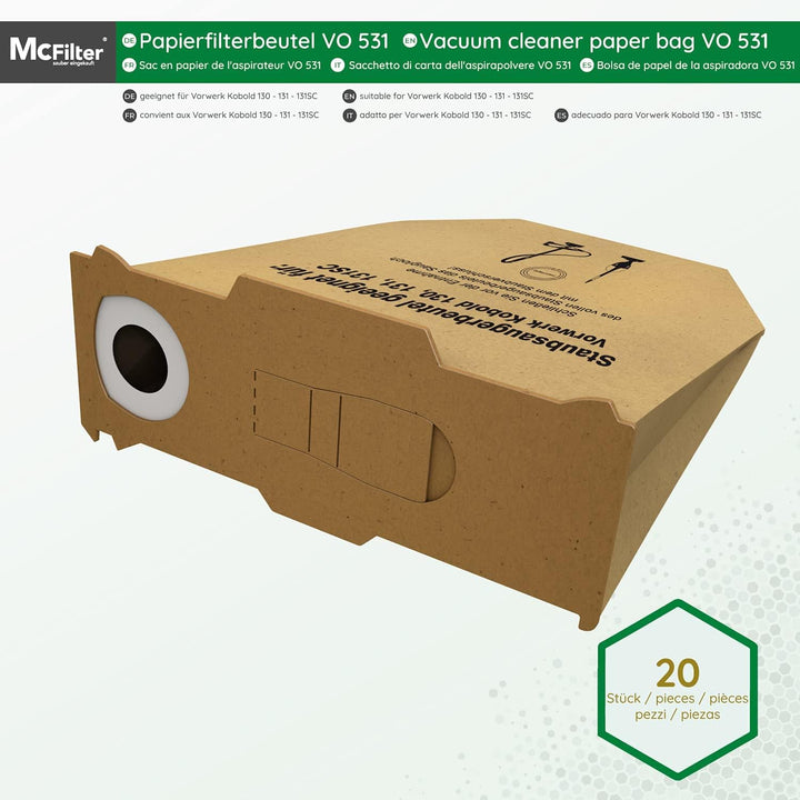 McFilter | 20 Staubsaugerbeutel geeignet für Staubsauger Vorwerk Kobold 130, 131 und SC-Modelle, ext