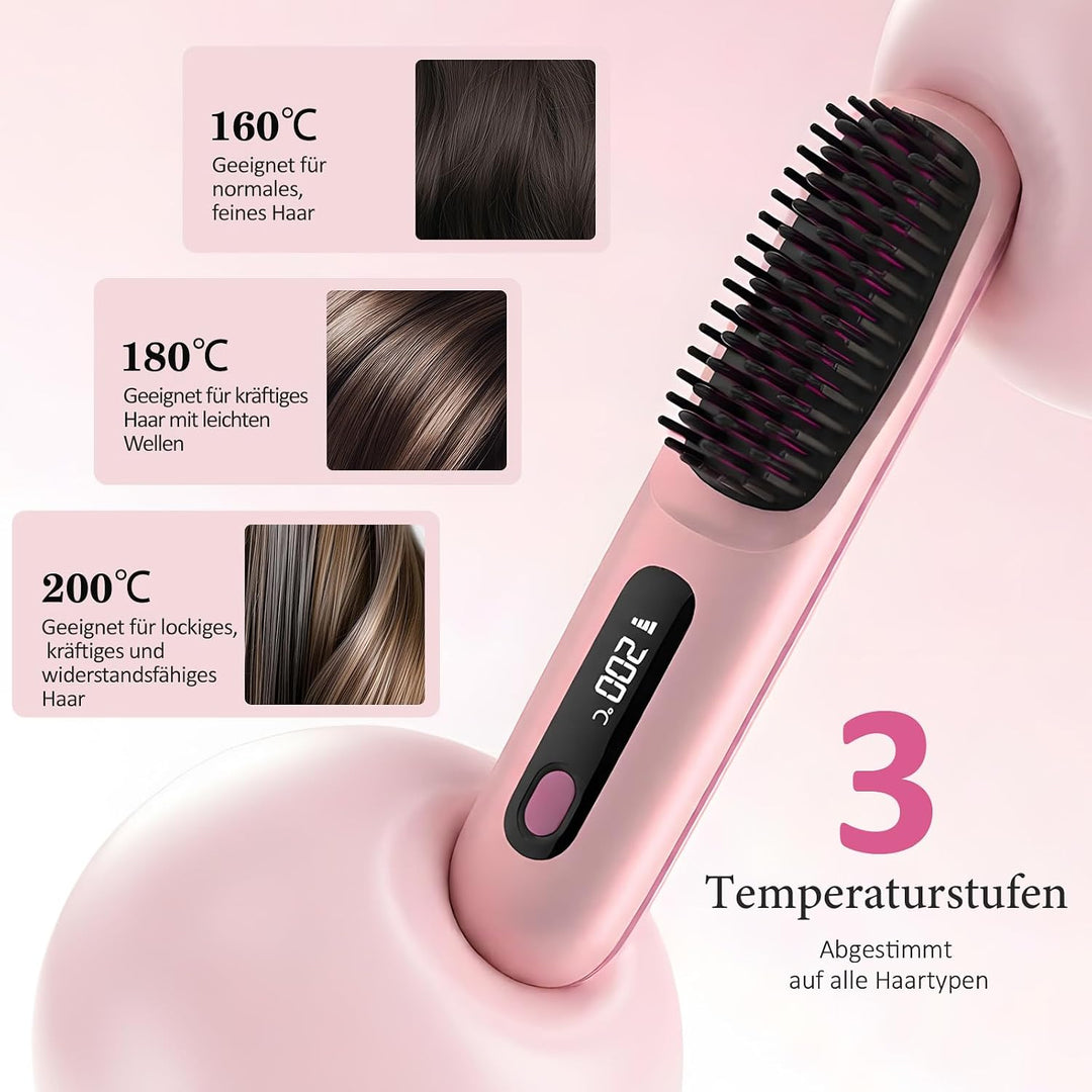 Go Brush Pro Glättbürste Kabellos, Stylingbürste für kurze Haare Langes, Glättungsbürste mit LCD-Anz