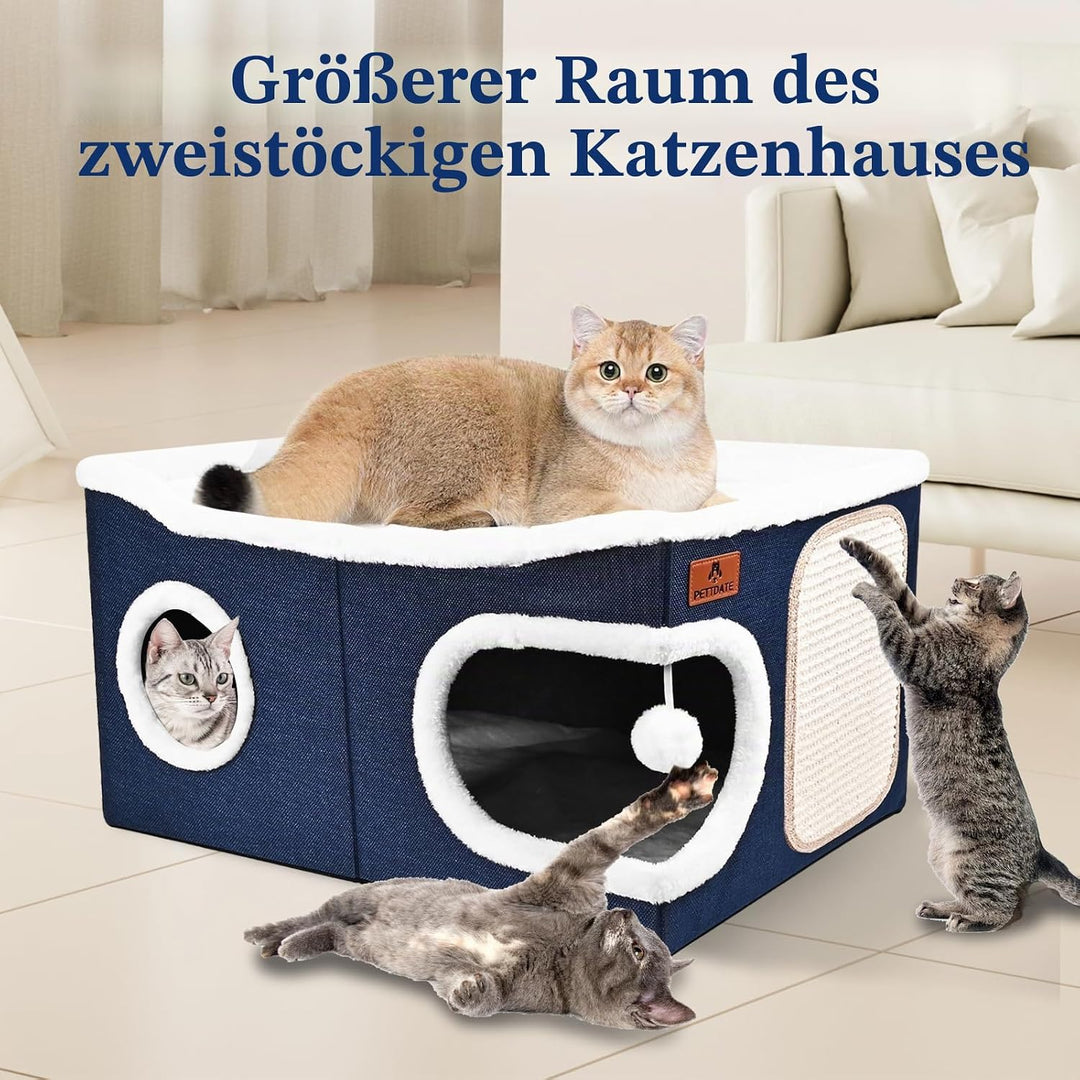 Extra Grosse Katzenhaus Indoor, 2-stöckige Kuschelhöhle mit Kratzbrett und Spielball, Katzenhöhle fü