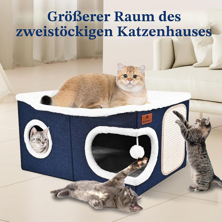 Extra Grosse Katzenhaus Indoor, 2-stöckige Kuschelhöhle mit Kratzbrett und Spielball, Katzenhöhle fü