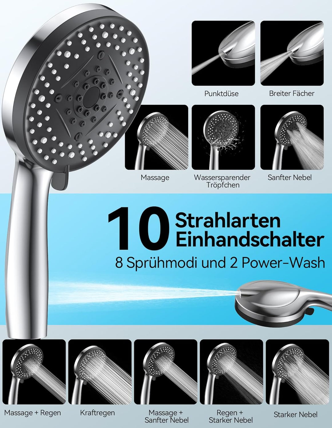 VOXON Hochdruck Duschkopf mit Schlauch, Shower Head mit 10 Strahlarten, Duschkopf Druckerhöhend, Dus