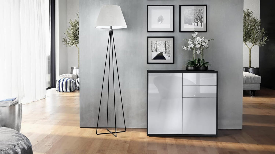 Vladon Sideboard Ben, Kommode mit 2 Türen und 2 Schubladen, Schwarz matt/Weiss Hochglanz (79 x 74 x