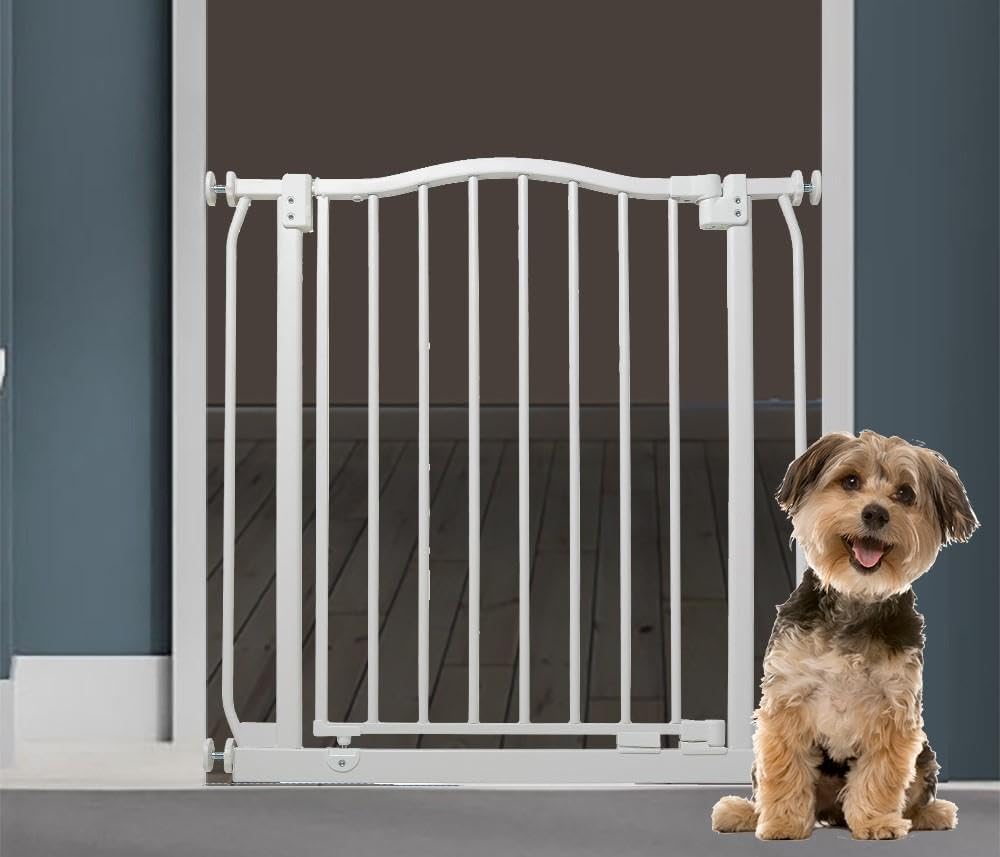 Bettacare Gebogenes Hundetor, 107cm - 116cm, Mattweiss, Druckmontage Haustiertor für Hunde und Welpe