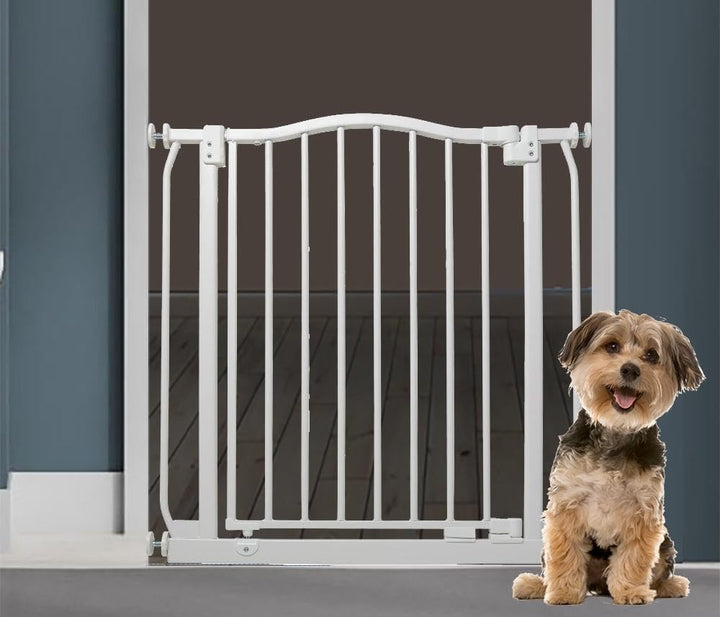Bettacare Gebogenes Hundetor, 107cm - 116cm, Mattweiss, Druckmontage Haustiertor für Hunde und Welpe