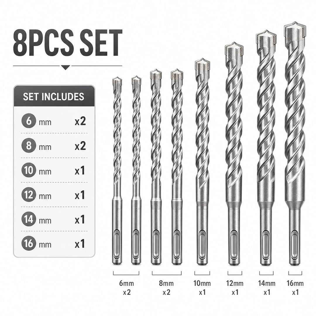 STARVAST SDS Plus Bohrer Set für Beton [8tlg - Ø6-16 & 210mm lang] 4 Schneiden - Langlebige Betonboh