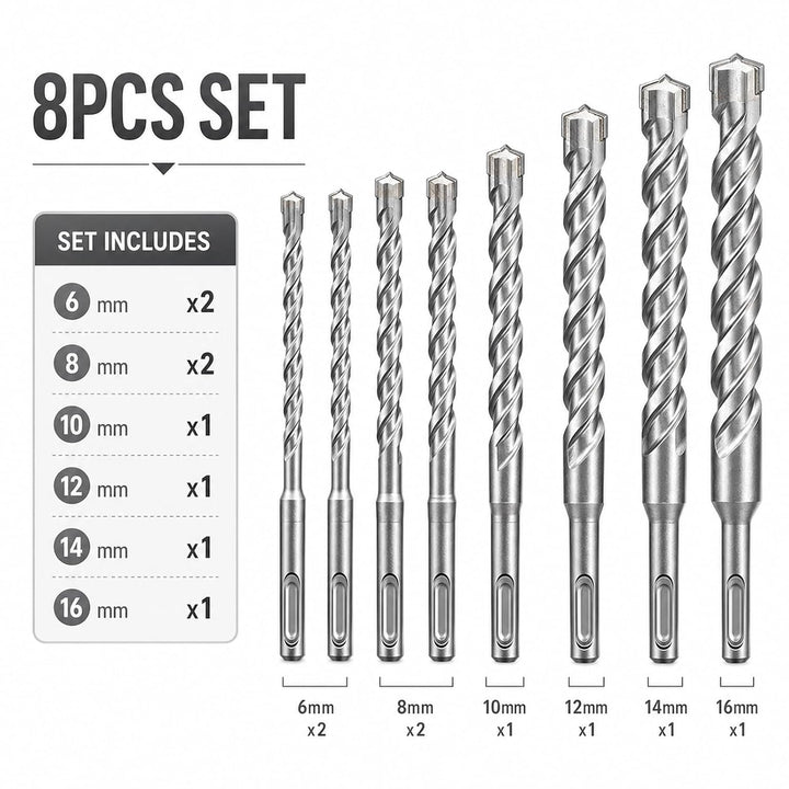 STARVAST SDS Plus Bohrer Set für Beton [8tlg - Ø6-16 & 210mm lang] 4 Schneiden - Langlebige Betonboh