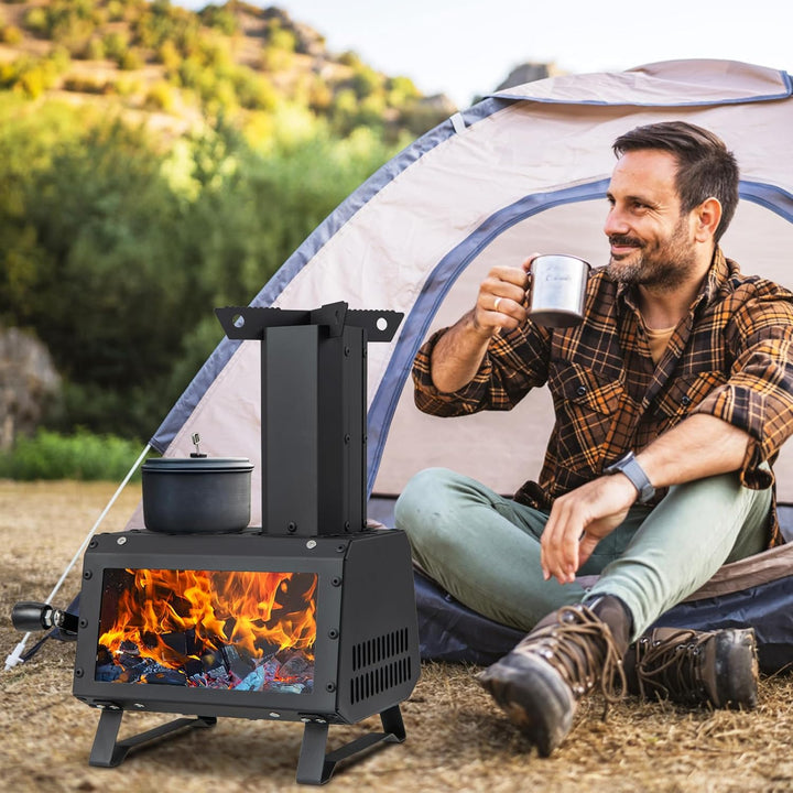 KOMFOTTEU Holzofen mit Sichtfenster, Raketenofen tragbar mit 2 Kochflächen, Zeltofen mit Aschepfanne