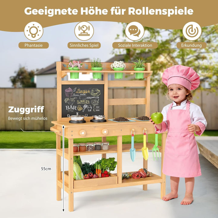 COSTWAY Matschküche Kinder Outdoor, Kinderküche mit Tafel, Wasserhahn, Spülen, Blumentöpfen & Garten