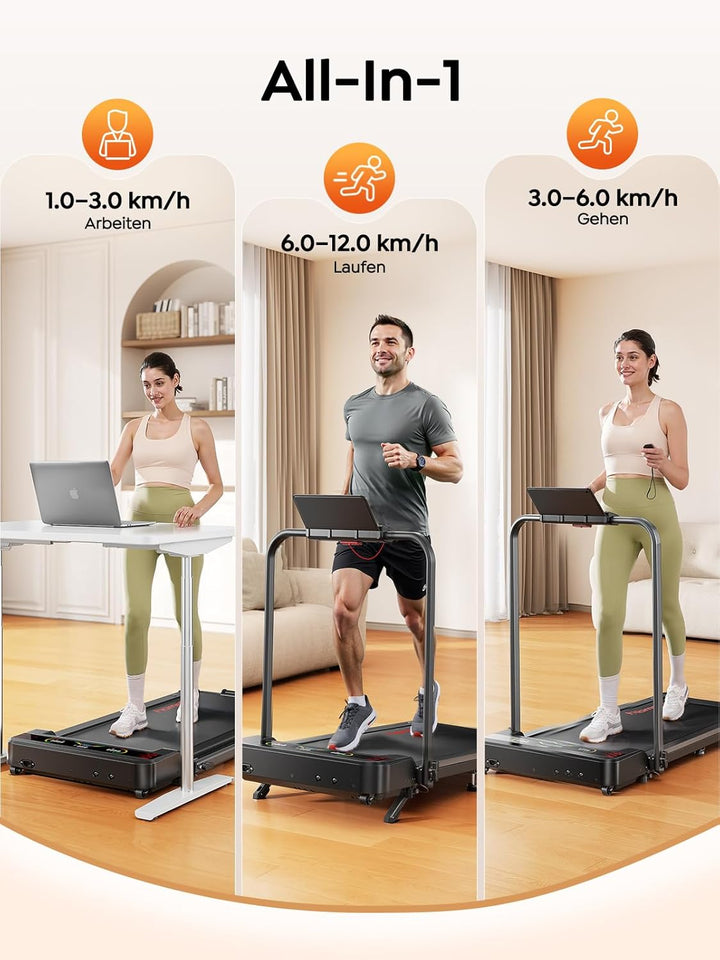 Laufband für Zuhause &amp; Büro Klappbar, Walking Pad mit Steigung - 9% Neigung | 1–12 km/h, 120 kg, LED