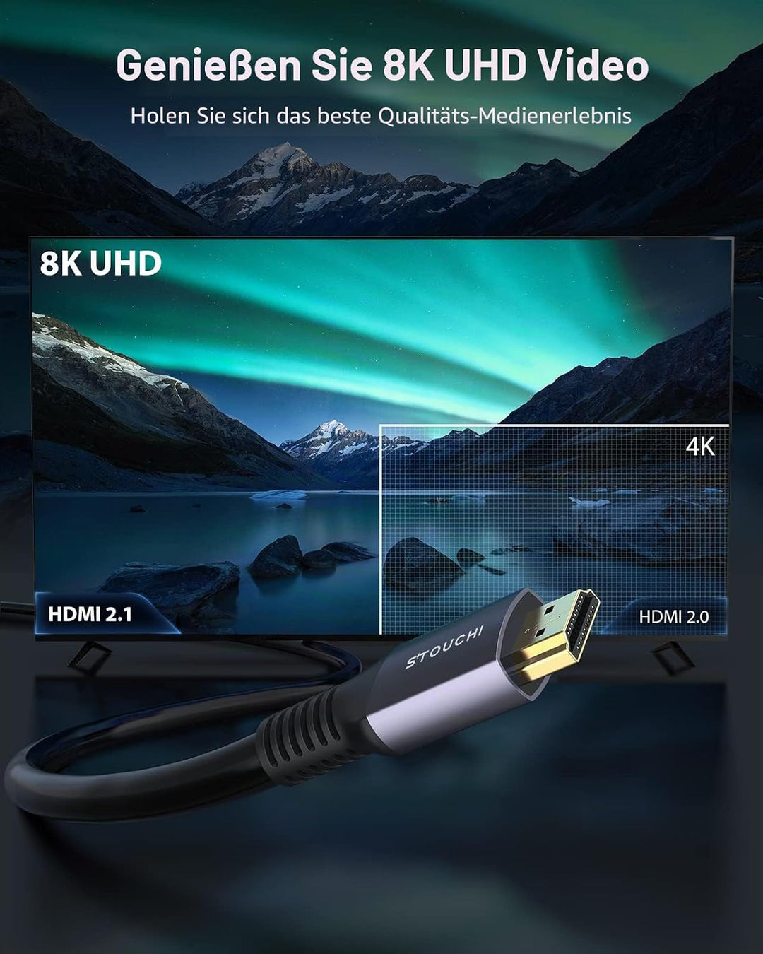 Stouchi 8K HDMI 2.1 Kabel 5m,CL3 In Wall Plenum-Rated High Speed Ultra HD 48Gbps Kabelunterstützung