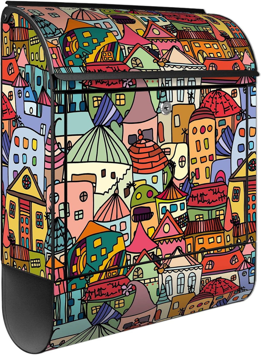 banjado® Design Briefkasten mit Motiv Funky Town 39x47x14cm &amp; 2 Schlüssel - Briefkasten Stahl schwar
