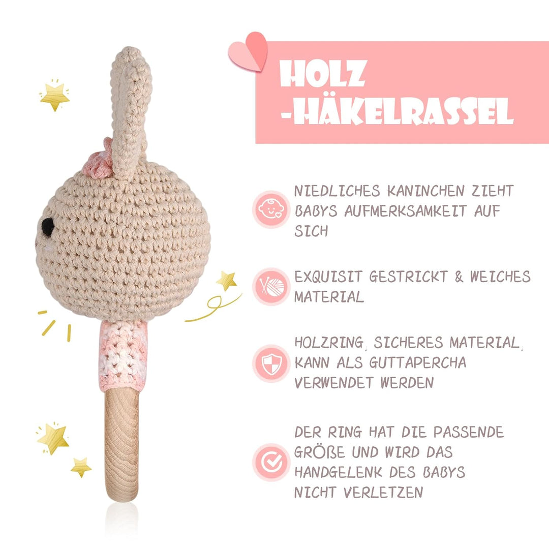 Gehäkelte Babyrassel - Häkeln Holz Greifling Handmade geschenk zur geburt Mädchen und Junge Geschenk