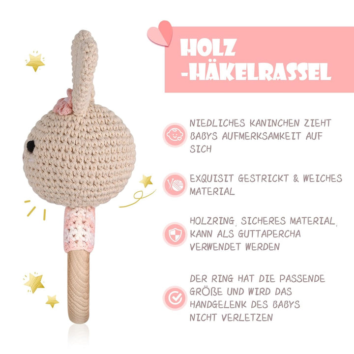 Gehäkelte Babyrassel - Häkeln Holz Greifling Handmade geschenk zur geburt Mädchen und Junge Geschenk