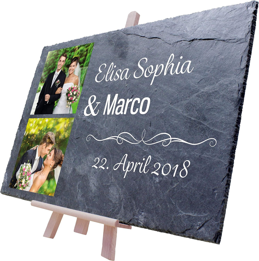 wandmotiv24 Schiefertafel Hochzeit mit Staffelei, Personalisierbar Digitaldruck 2 Farb-Fotos + Vorna